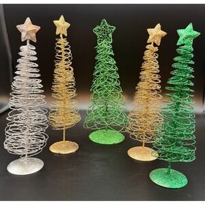 5 - VTG Glitter Wire Metal Swirl Table Top Christmas Tree Green, Gold, Silver
